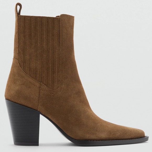 Mango Shoes - Mango Suede Leather Pointed Toe Block Heel Chelsea Western Ankle Boot Brown Tan